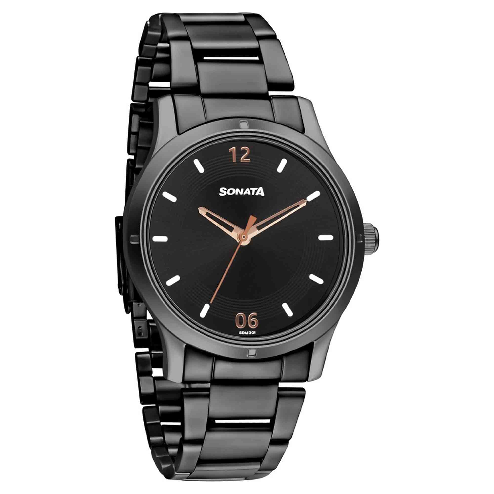 Sonata Black Dial Stainless Steel Strap Analog Watch for Women