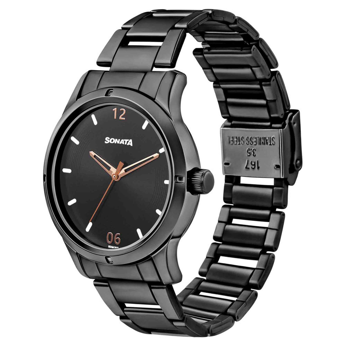 Sonata Black Dial Stainless Steel Strap Analog Watch for Women