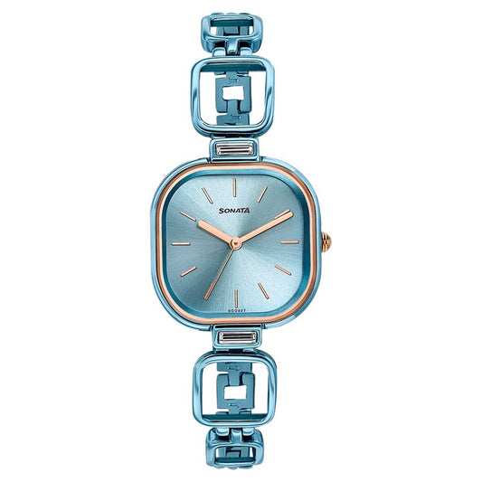 Sonata Blue Square Dial Metal Strap Analog Watch for Women