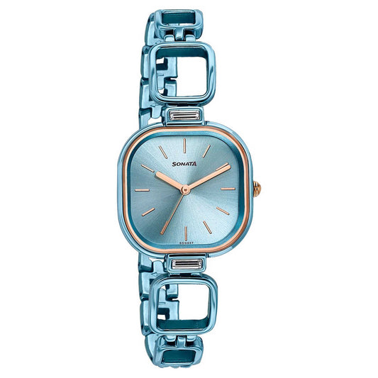 Sonata Blue Square Dial Metal Strap Analog Watch for Women