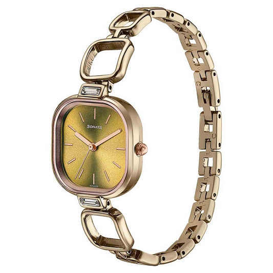 Sonata Green Square Dial Green Metal Strap Analog Watch for Women