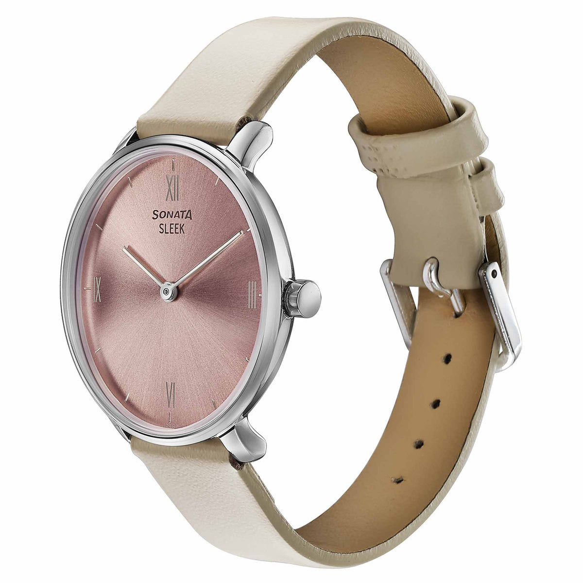 Sonata Pink Dial Beige Leather Strap Analog Watch for Women