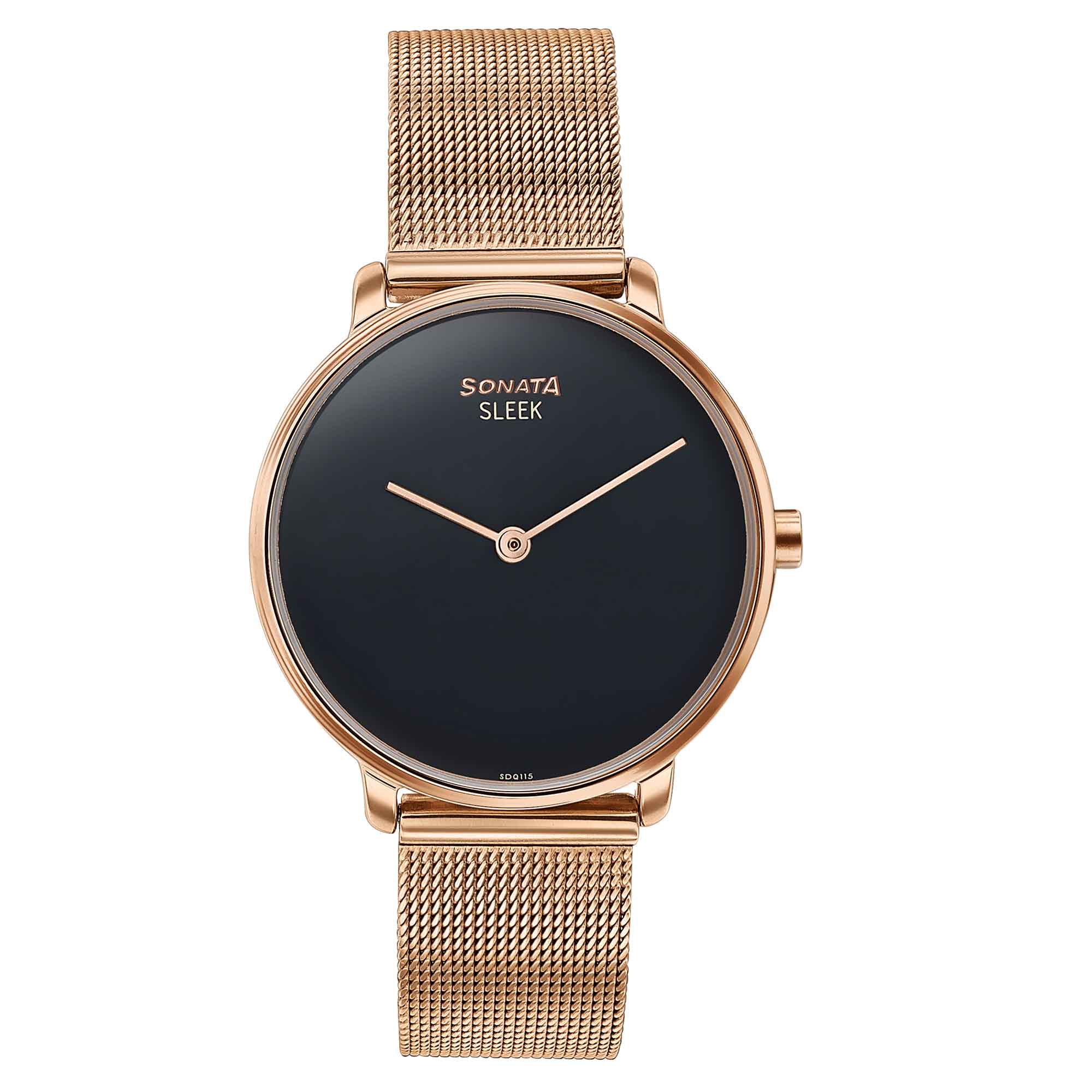 Sonata Black Dial Rose Gold Stainless Steel Strap Analog Watch for Women