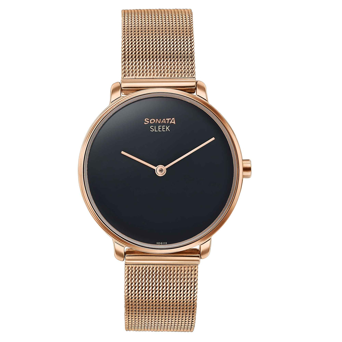 Sonata Black Dial Rose Gold Stainless Steel Strap Analog Watch for Women