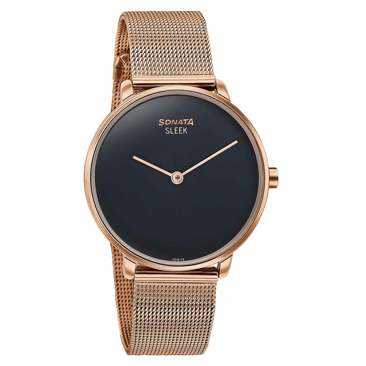 Sonata Black Dial Rose Gold Stainless Steel Strap Analog Watch for Women