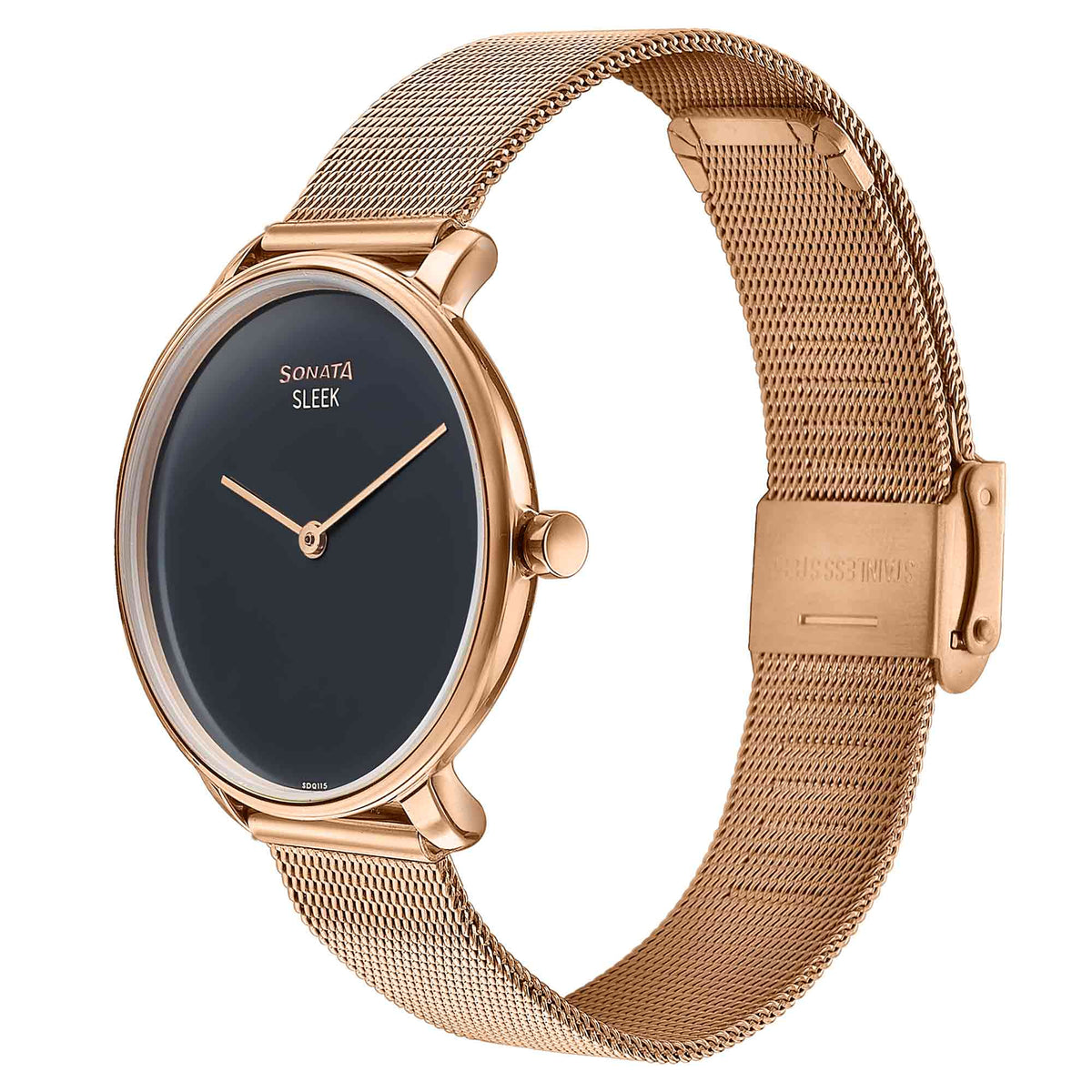 Sonata Black Dial Rose Gold Stainless Steel Strap Analog Watch for Women