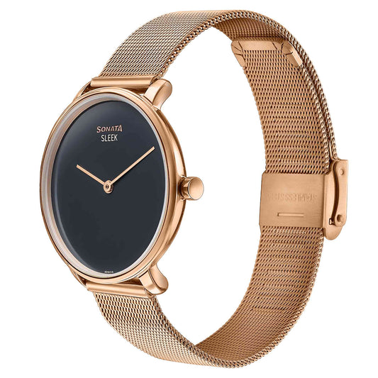 Sonata Black Dial Rose Gold Stainless Steel Strap Analog Watch for Women