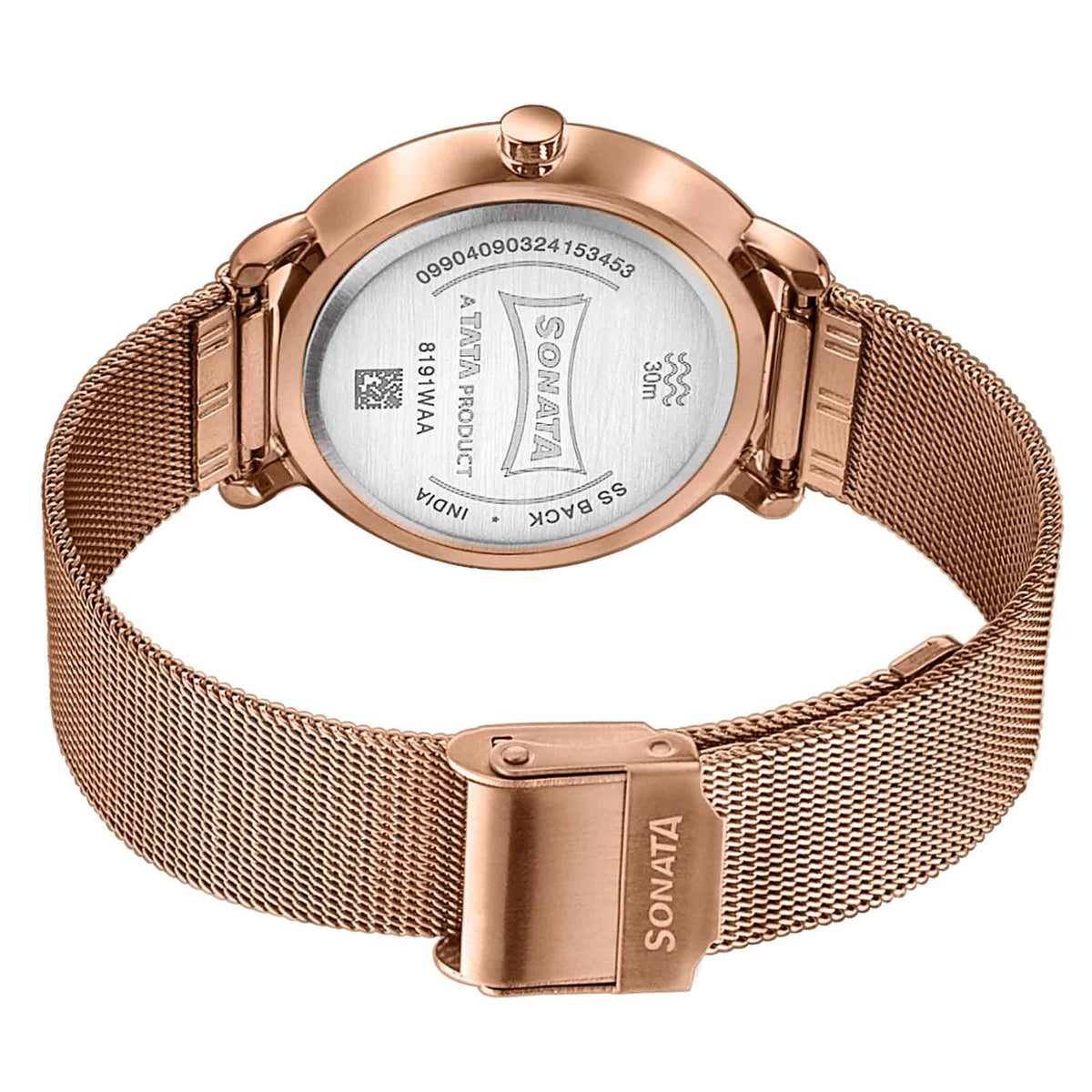 Sonata Black Dial Rose Gold Stainless Steel Strap Analog Watch for Women