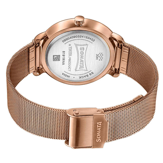 Sonata Black Dial Rose Gold Stainless Steel Strap Analog Watch for Women