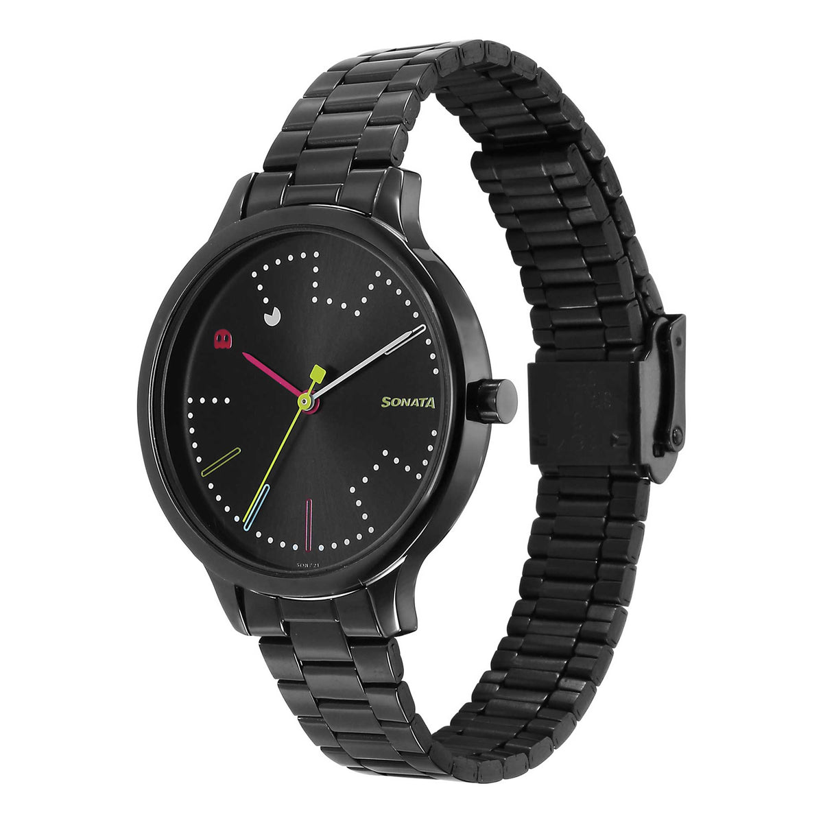 Sonata Black Dial Stainless Steel Strap Analog Watch for Women