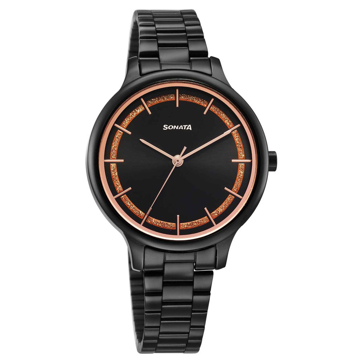 Sonata Black Dial Stainless Steel Strap Analog Watch for Women