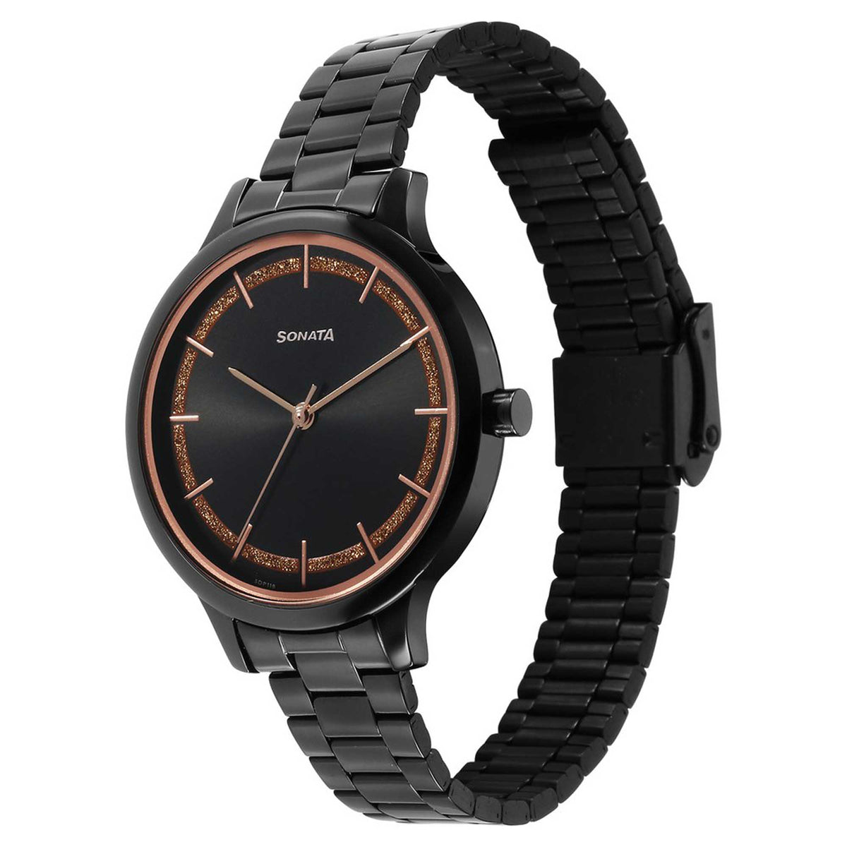 Sonata Black Dial Stainless Steel Strap Analog Watch for Women