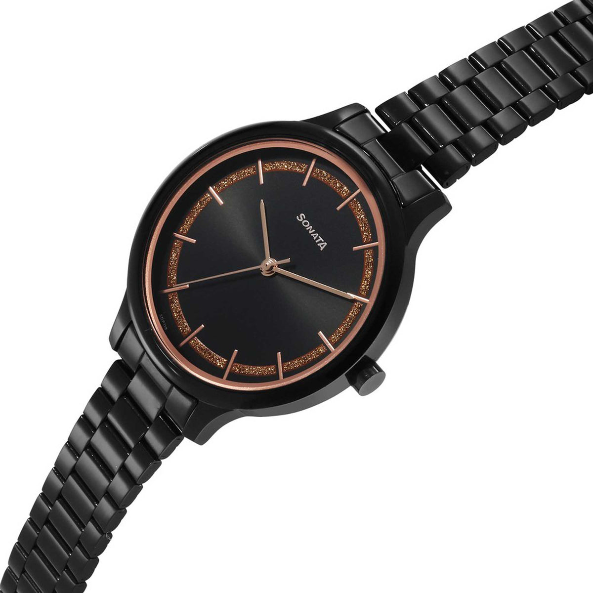 Sonata Black Dial Stainless Steel Strap Analog Watch for Women