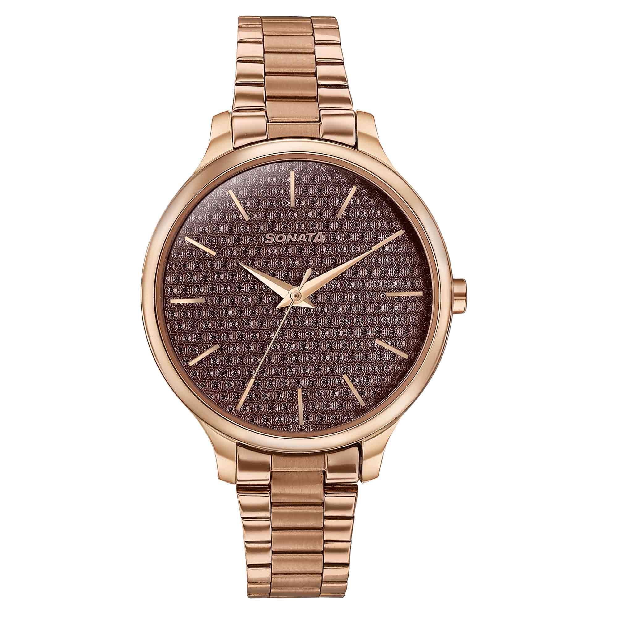 Sonata Brown Dial Rose Gold Stainless Steel Strap Analog Watch for Women