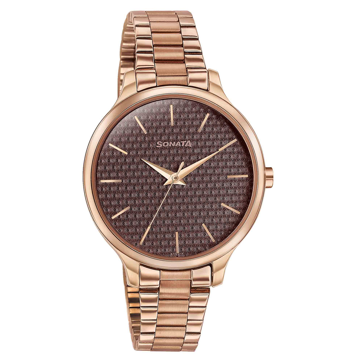 Sonata Brown Dial Rose Gold Stainless Steel Strap Analog Watch for Women