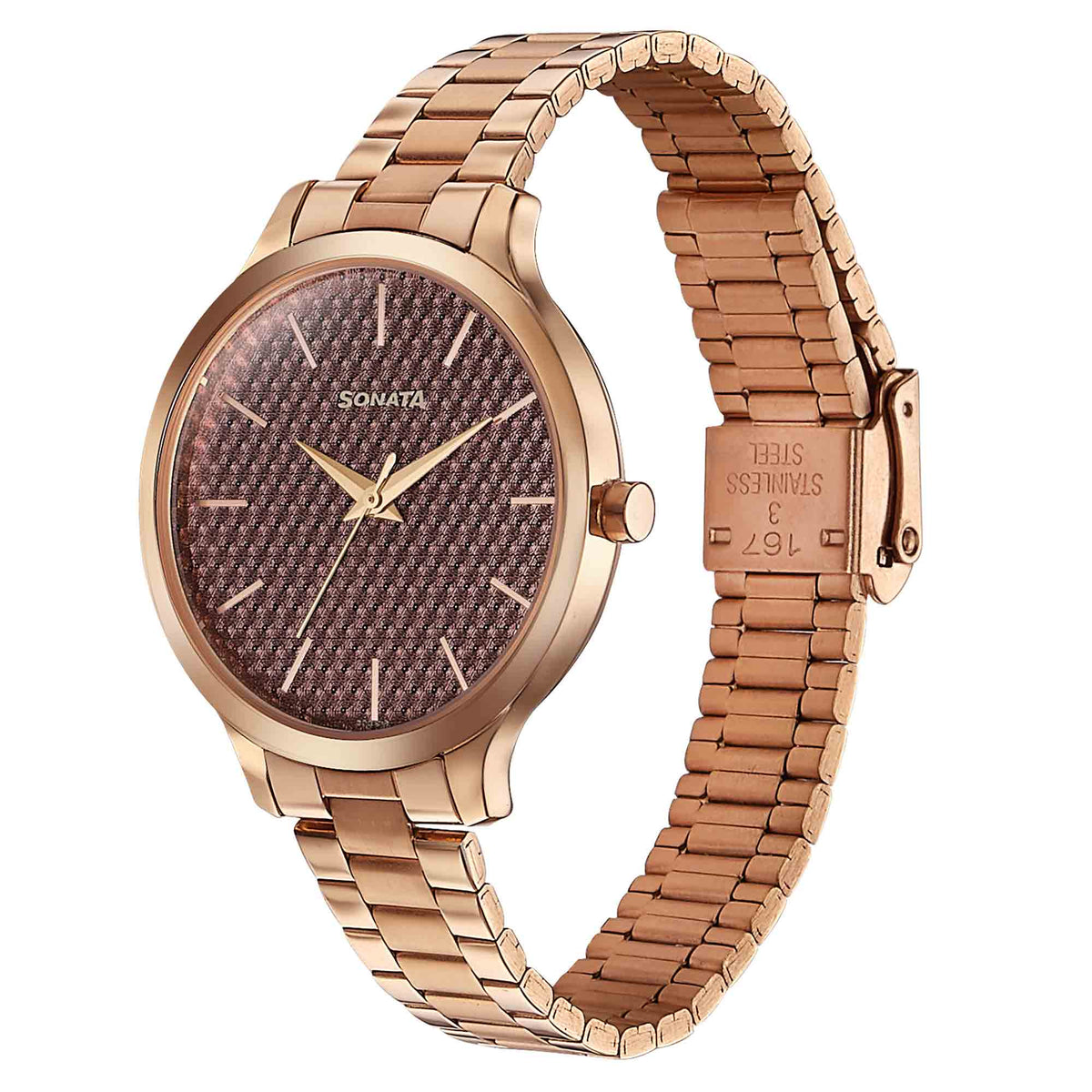 Sonata Brown Dial Rose Gold Stainless Steel Strap Analog Watch for Women