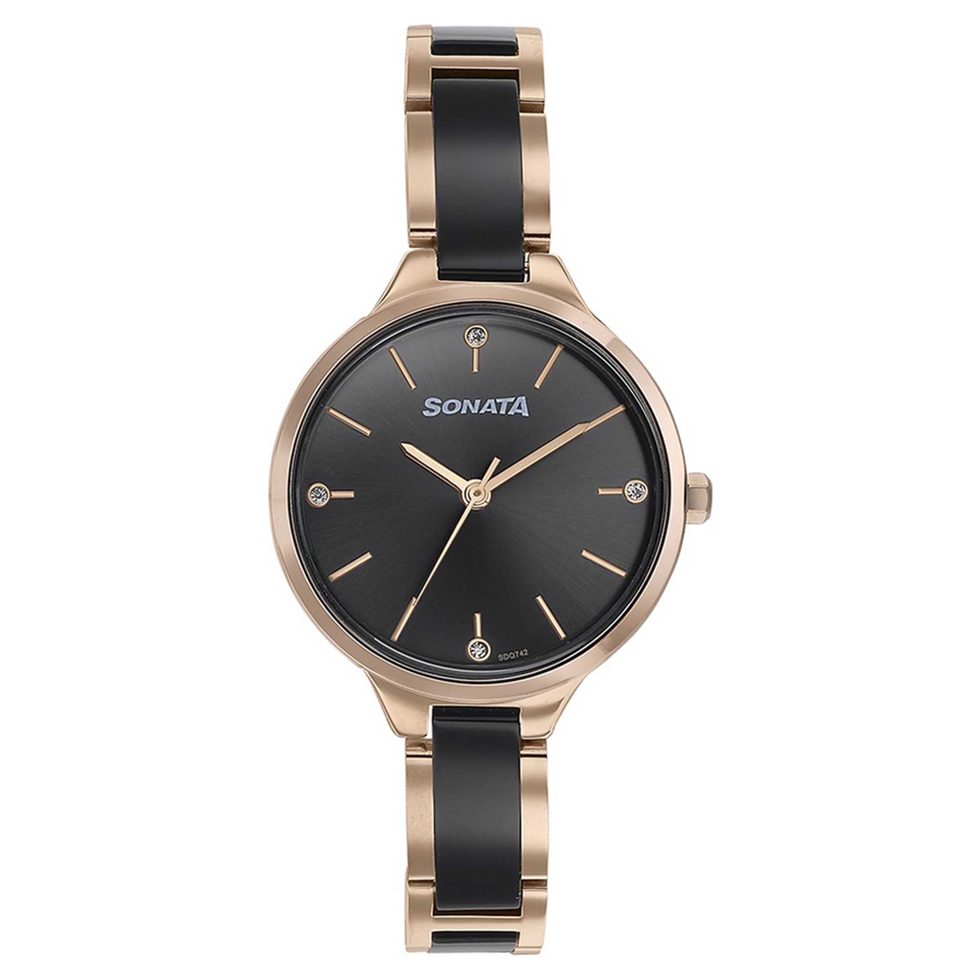 Sonata Black Dial Dual Color Metal Strap Analog Watch for Women