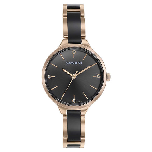 Sonata Black Dial Dual Color Metal Strap Analog Watch for Women