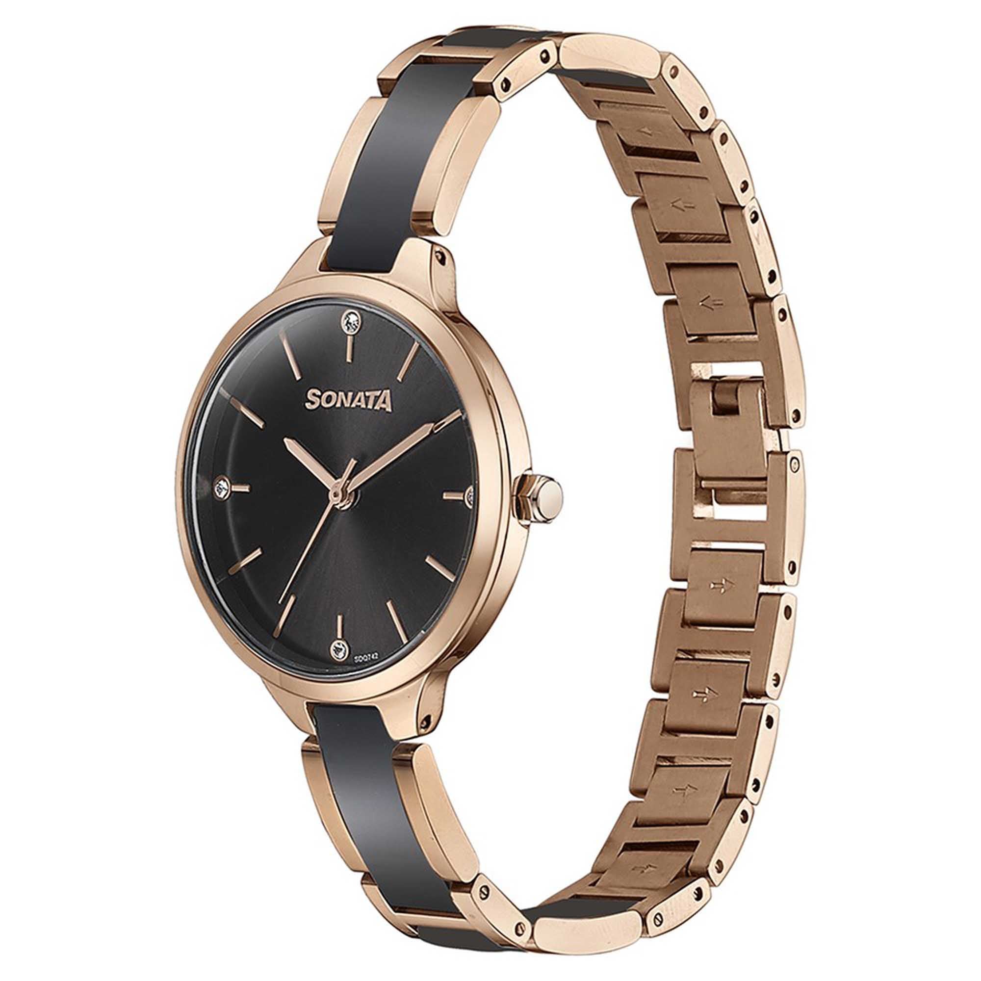 Sonata Black Dial Dual Color Metal Strap Analog Watch for Women