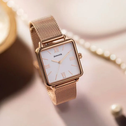 Sonata White Square Dial Rose Gold Metal Strap Analog Watch for Women
