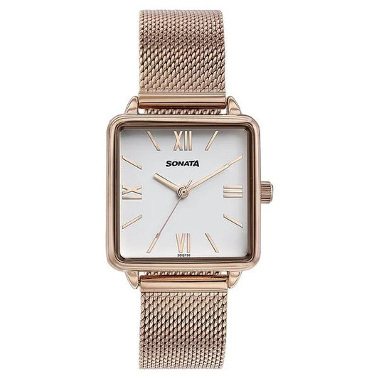 Sonata White Square Dial Rose Gold Metal Strap Analog Watch for Women