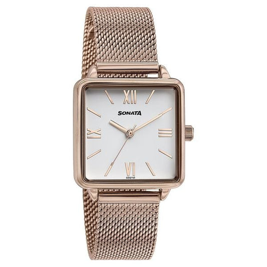 Sonata White Square Dial Rose Gold Metal Strap Analog Watch for Women