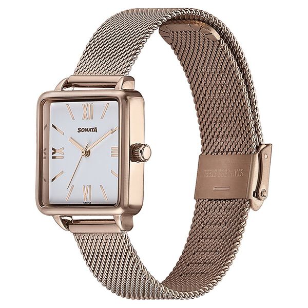 Sonata White Square Dial Rose Gold Metal Strap Analog Watch for Women