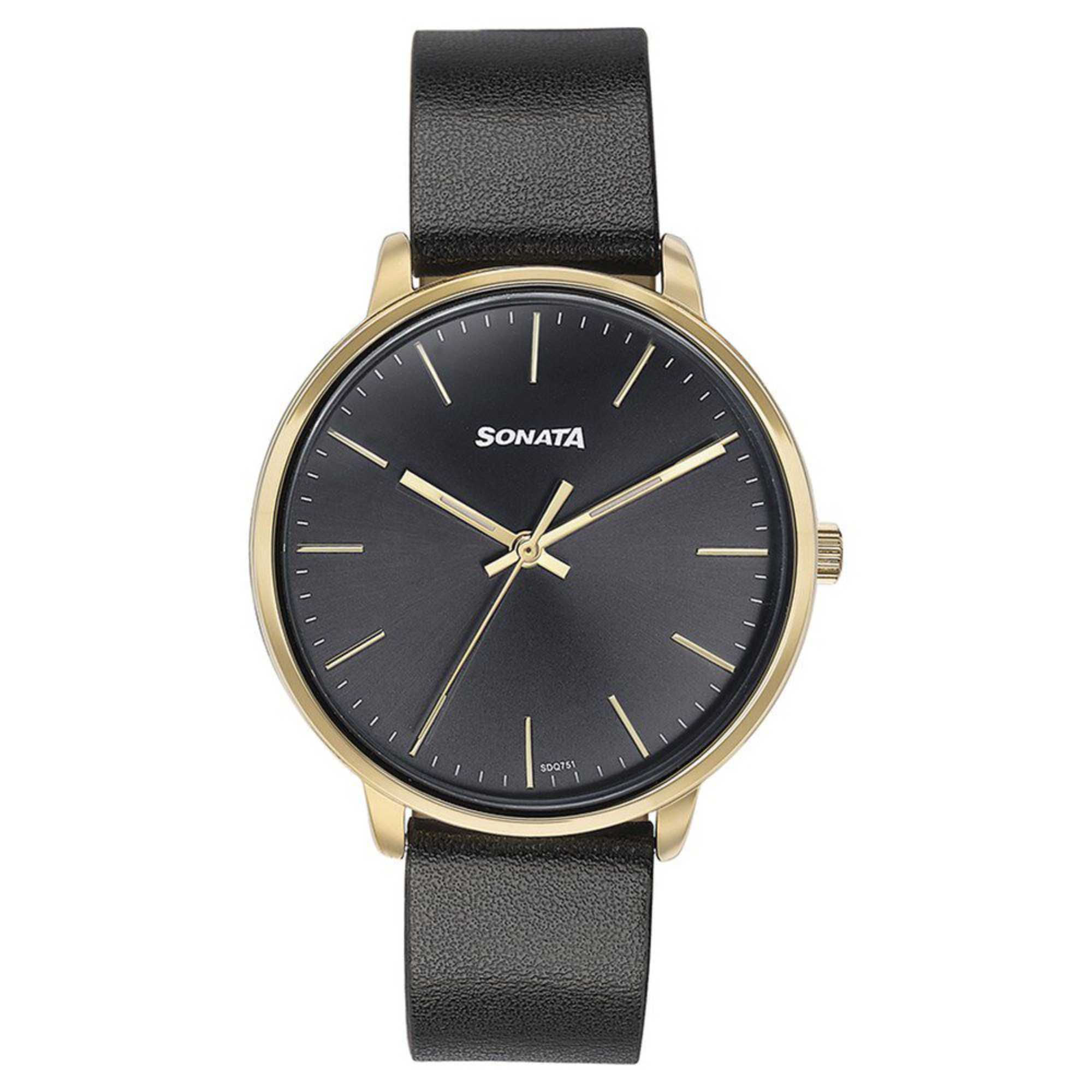 Sonata Quartz Analog Black Dial Black Leather Strap Watch For Women 87069YL01