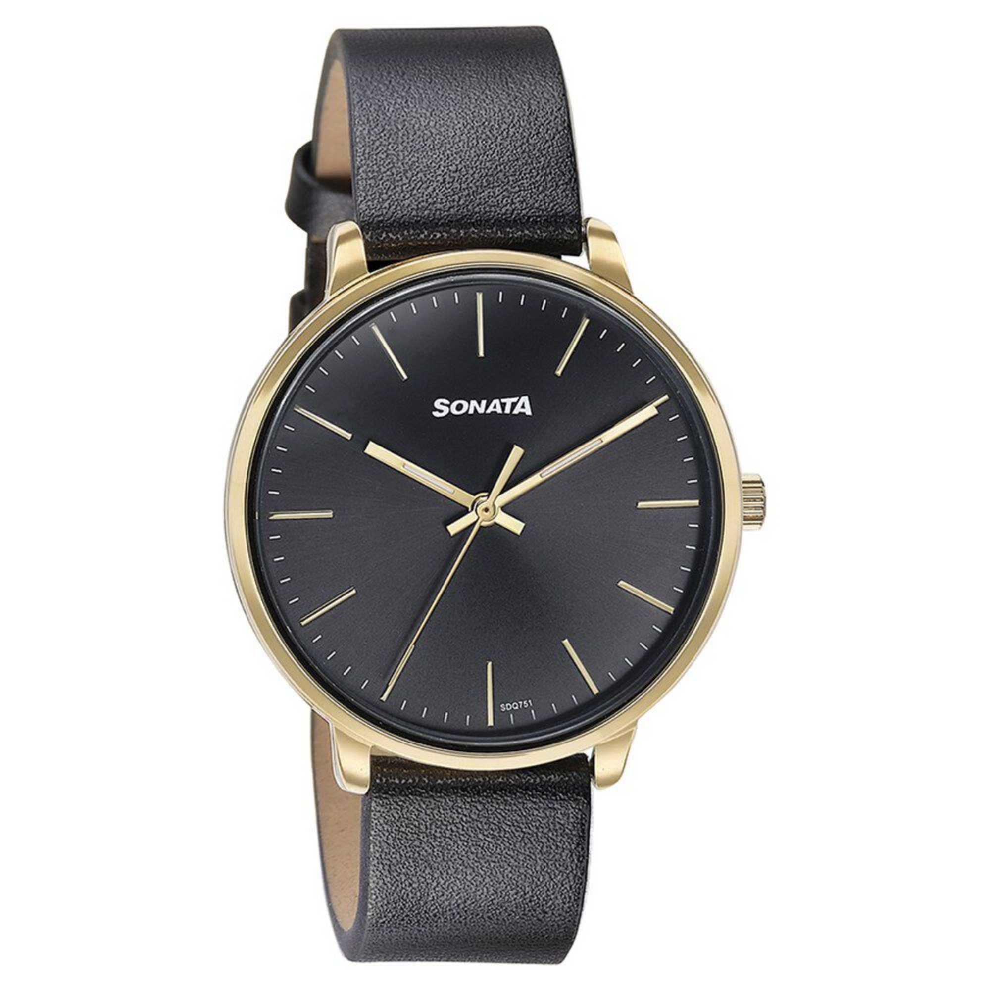 Sonata Quartz Analog Black Dial Black Leather Strap Watch For Women 87069YL01