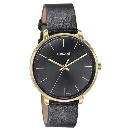Sonata Quartz Analog Black Dial Black Leather Strap Watch For Women 87069YL01