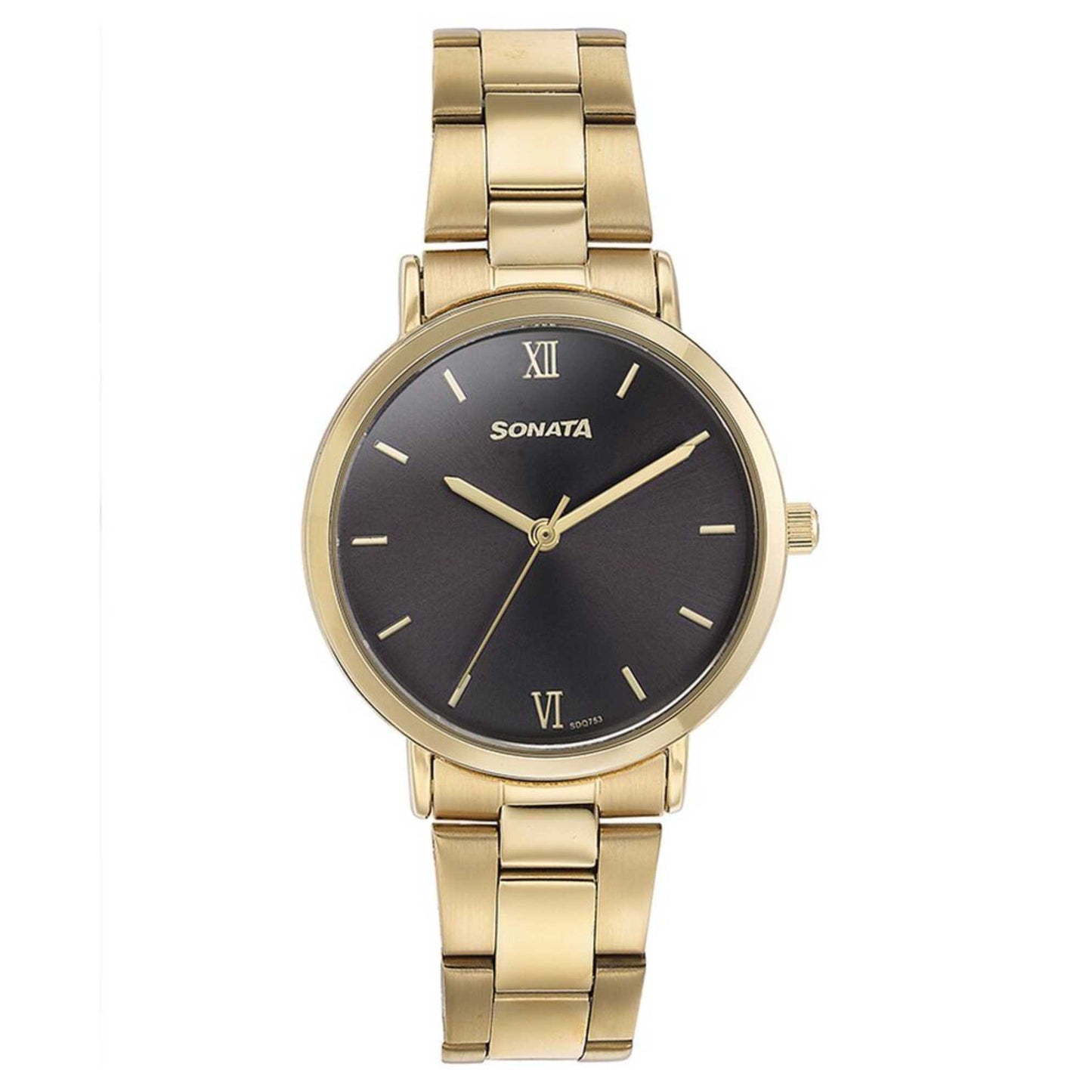 Sota Quartz Alog Black Dial Golden Stainless Steel Strap Watch For Women (87071YM01)