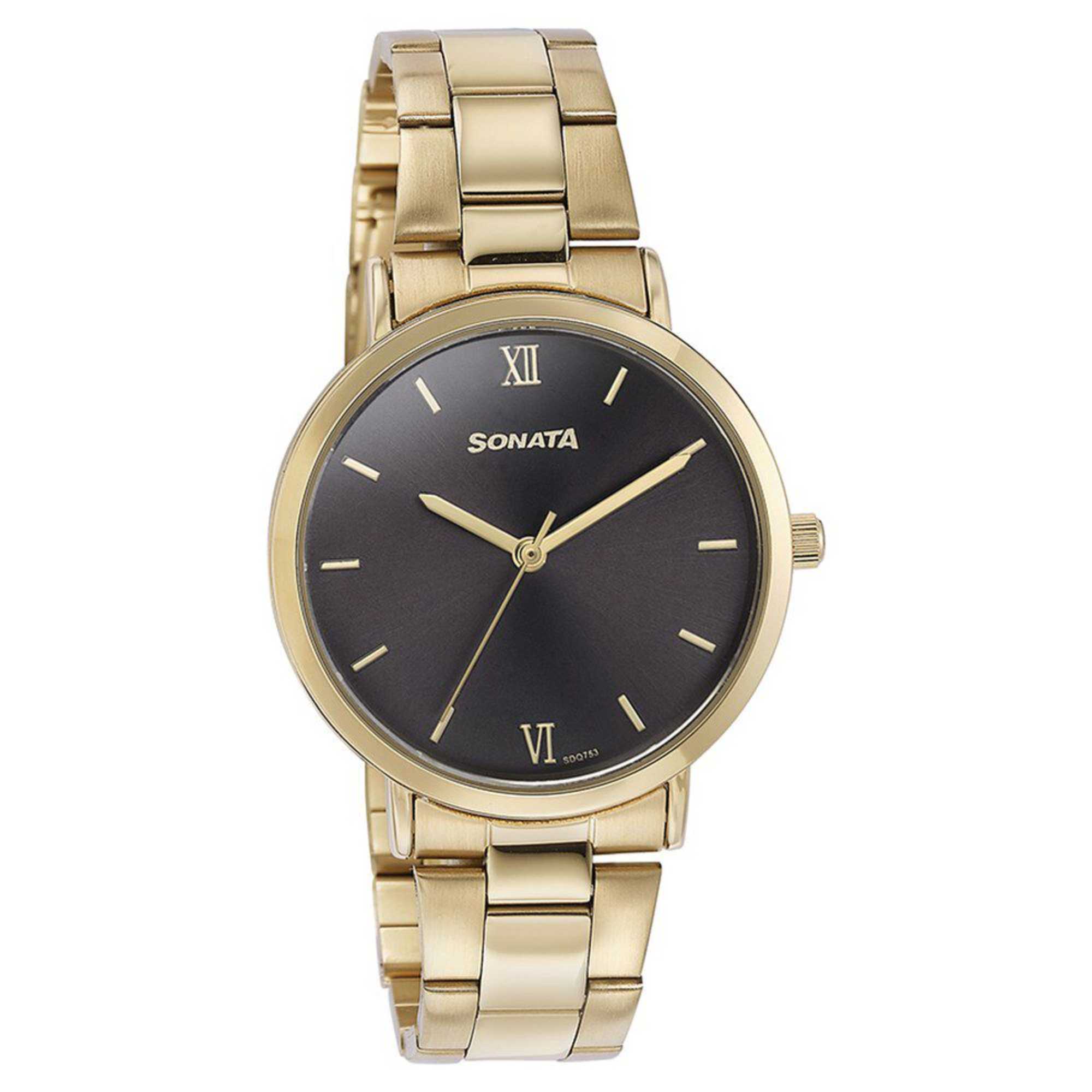 Sota Quartz Alog Black Dial Golden Stainless Steel Strap Watch For Women (87071YM01)