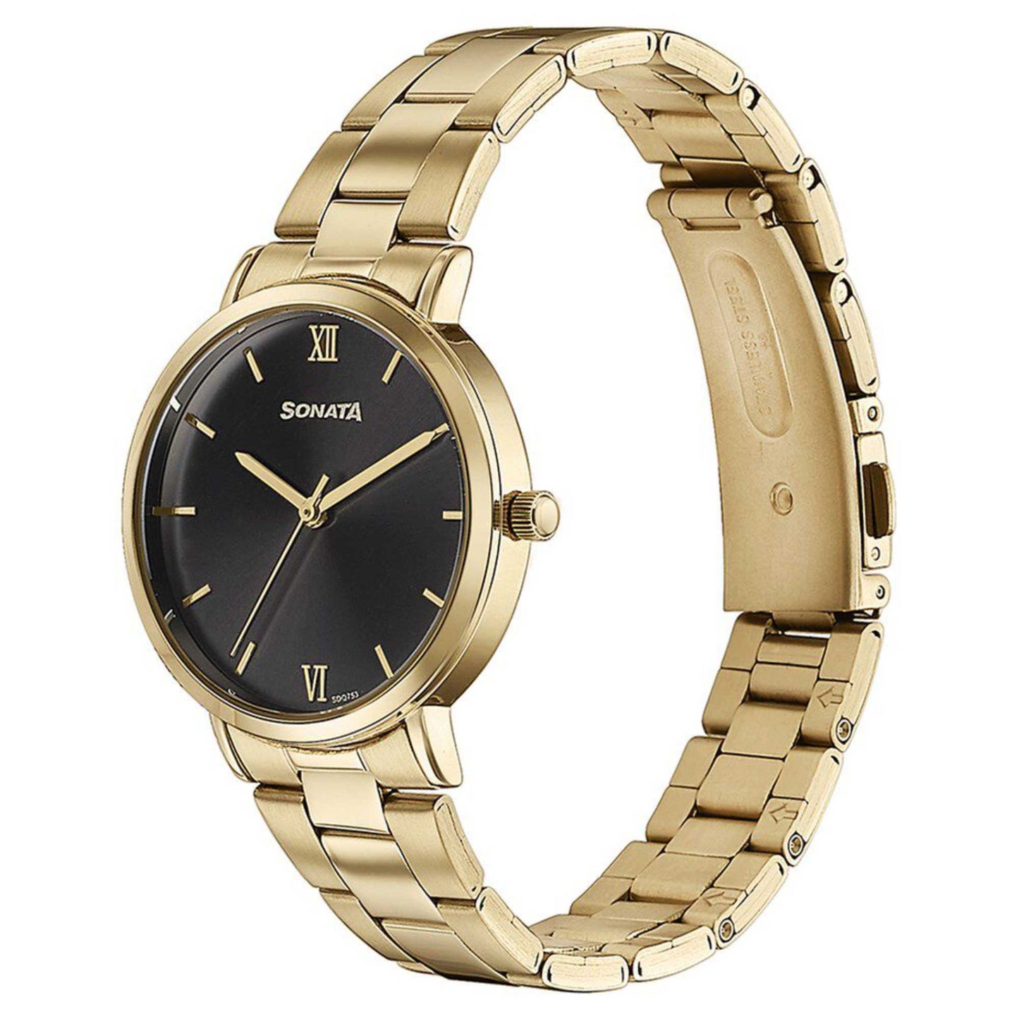 Sota Quartz Alog Black Dial Golden Stainless Steel Strap Watch For Women (87071YM01)