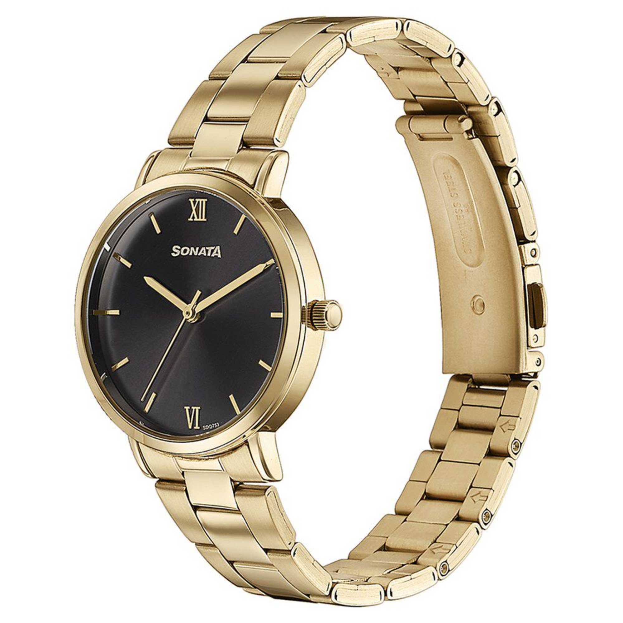 Sota Quartz Alog Black Dial Golden Stainless Steel Strap Watch For Women (87071YM01)