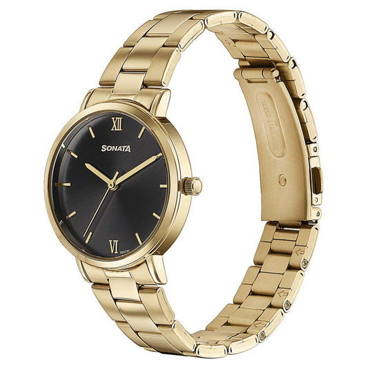 Sota Quartz Alog Black Dial Golden Stainless Steel Strap Watch For Women (87071YM01)