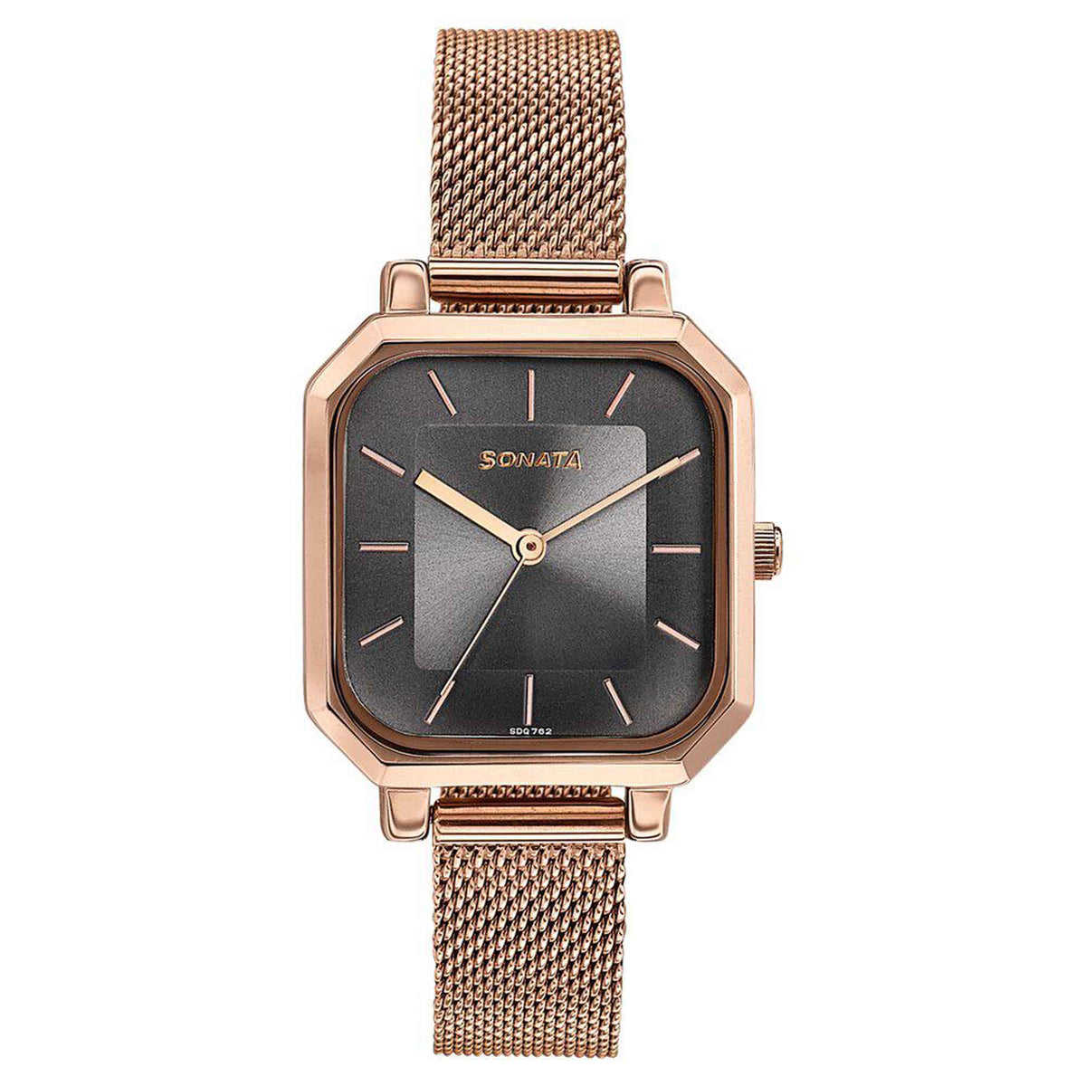 Sonata Grey Square Dial Rose Gold Stainless Steel Strap Analog Watch for Women