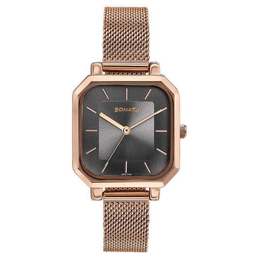 Sonata Grey Square Dial Rose Gold Stainless Steel Strap Analog Watch for Women