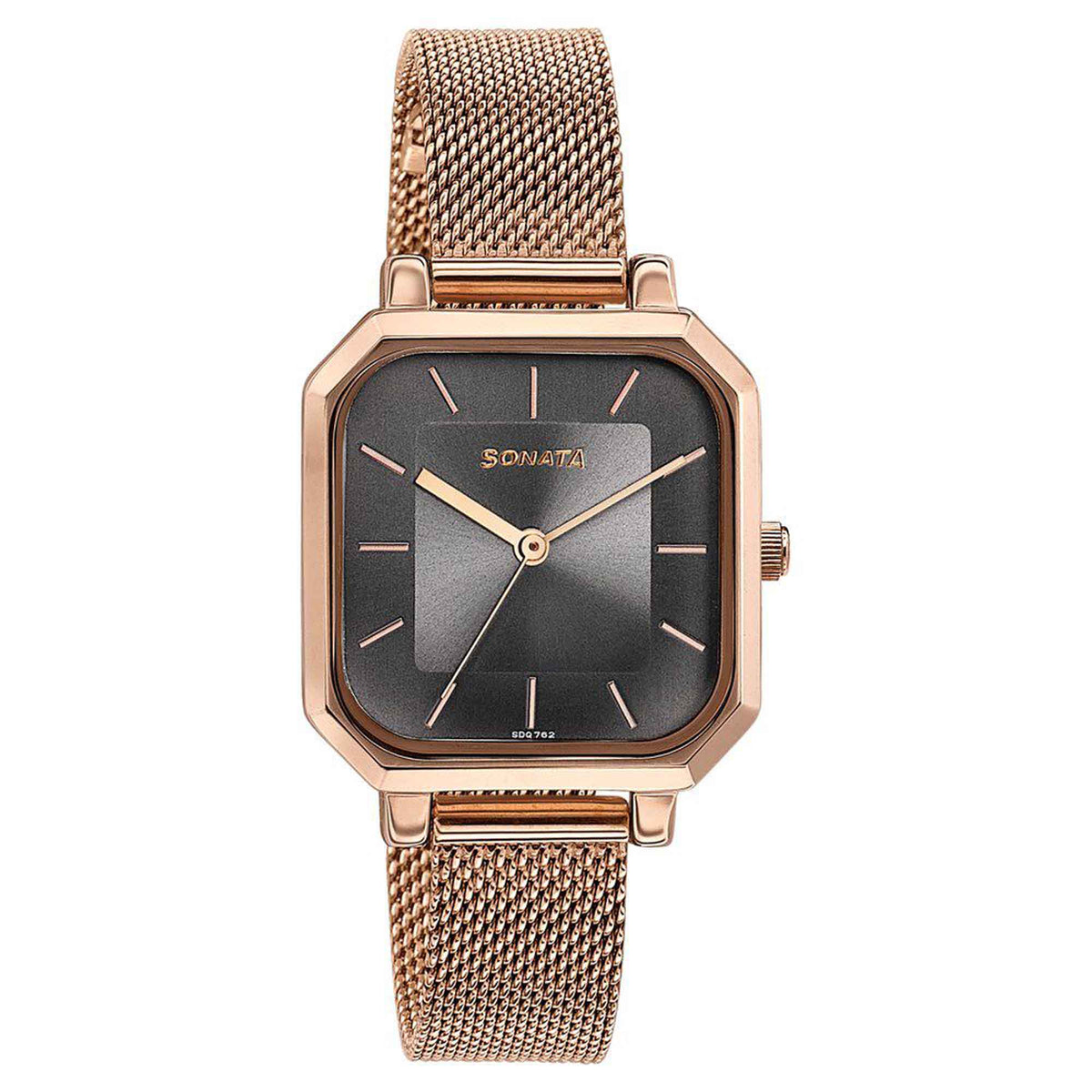 Sonata Grey Square Dial Rose Gold Stainless Steel Strap Analog Watch for Women