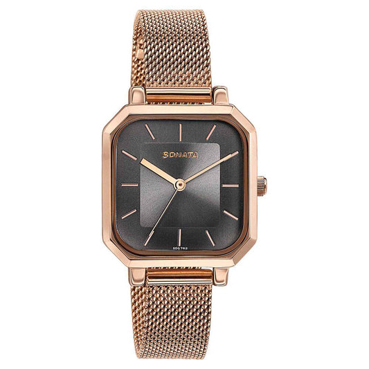 Sonata Grey Square Dial Rose Gold Stainless Steel Strap Analog Watch for Women