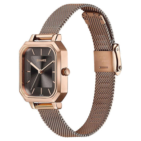 Sonata Grey Square Dial Rose Gold Stainless Steel Strap Analog Watch for Women