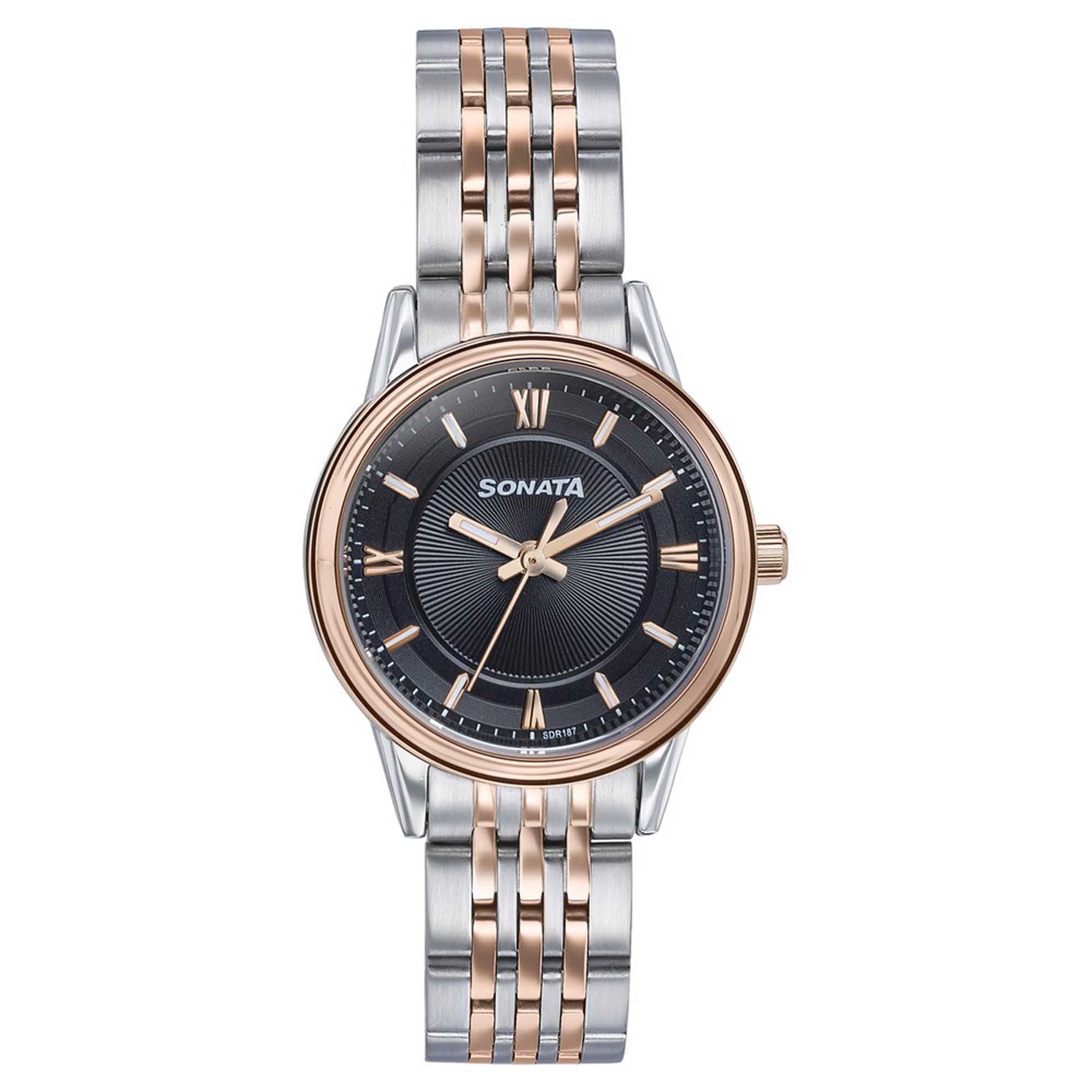 Sonata Black Dial Two Toned Stainless Steel Strap Analog Watch for Women