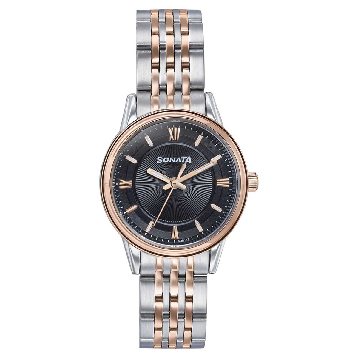 Sonata Black Dial Two Toned Stainless Steel Strap Analog Watch for Women