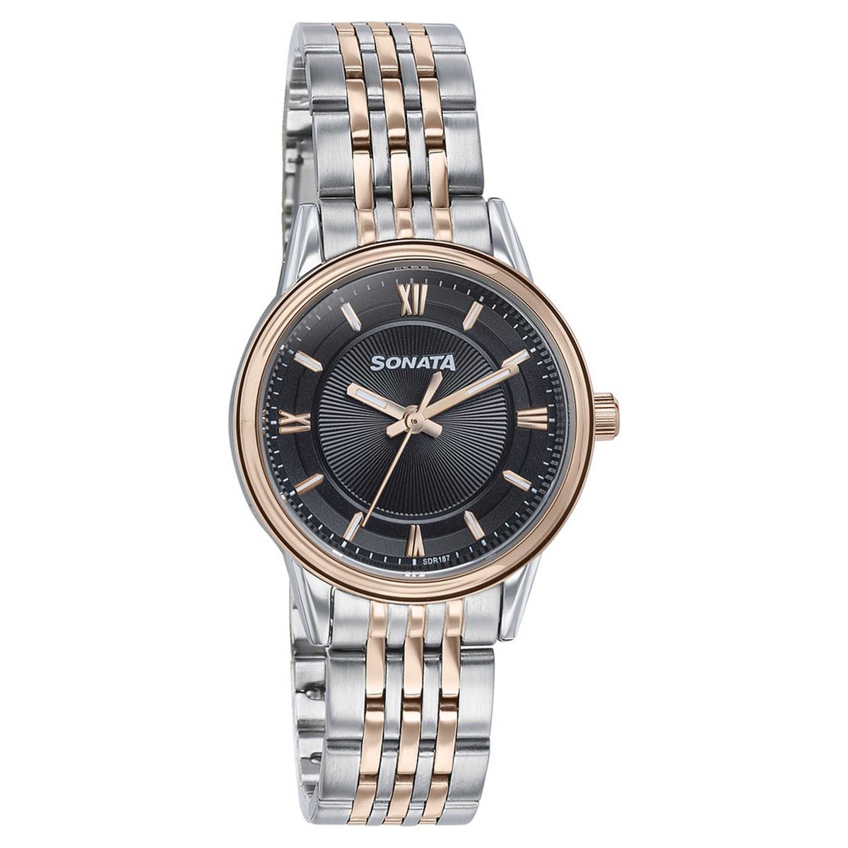 Sonata Black Dial Two Toned Stainless Steel Strap Analog Watch for Women