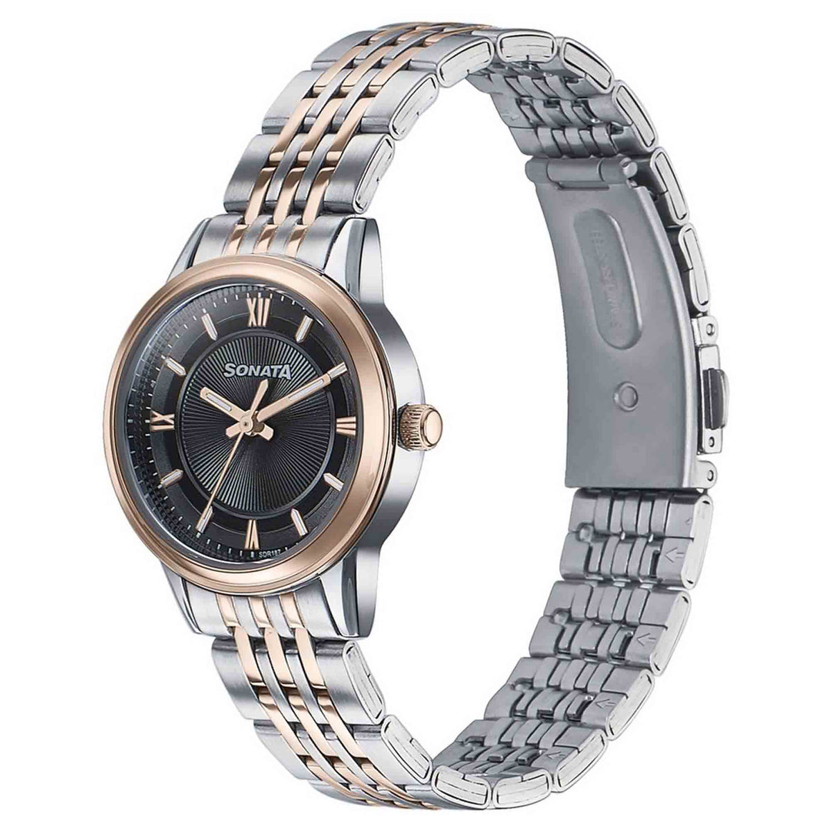 Sonata Black Dial Two Toned Stainless Steel Strap Analog Watch for Women
