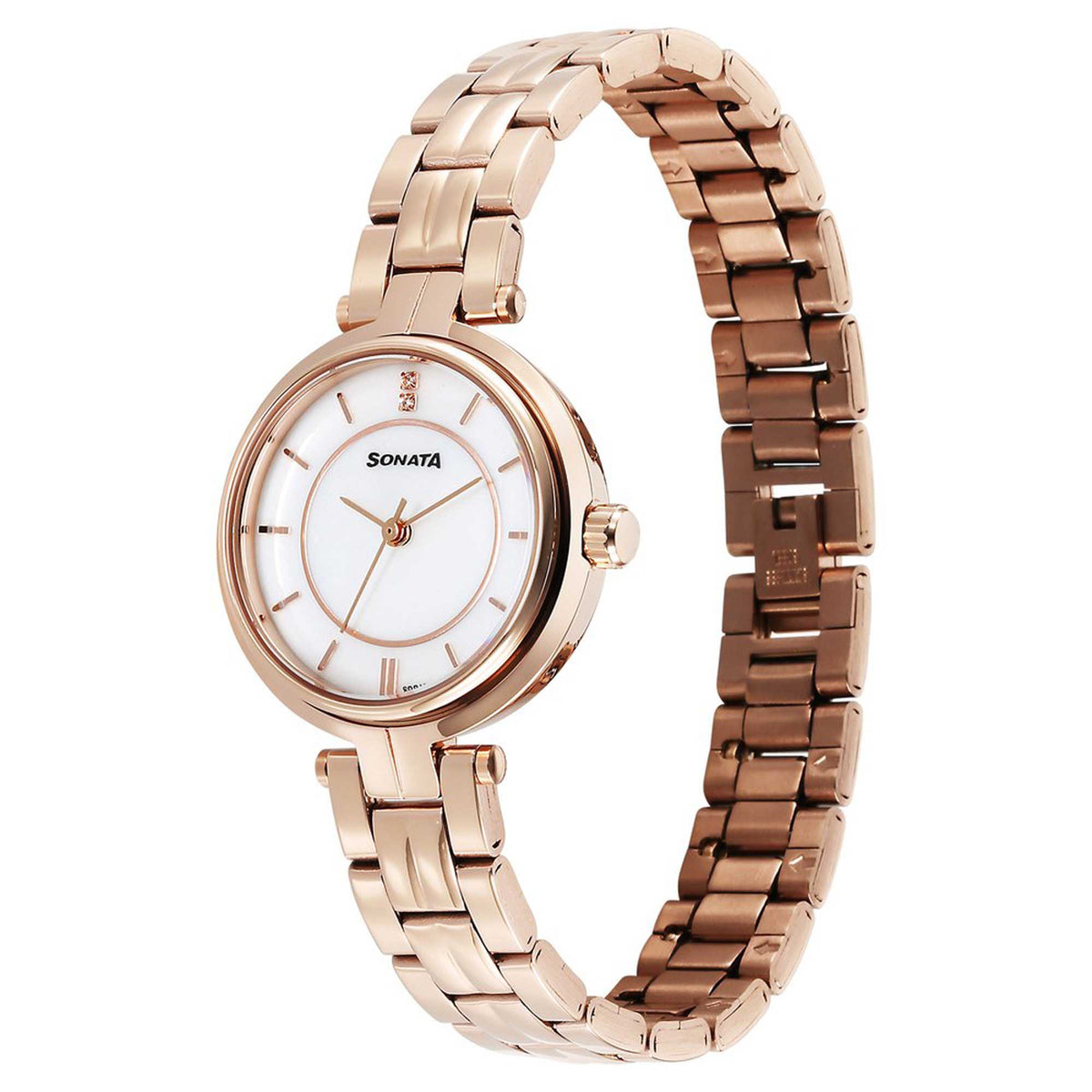 Sonata Off White Dial Rose Gold Stainless Steel Strap Analog Watch for Women