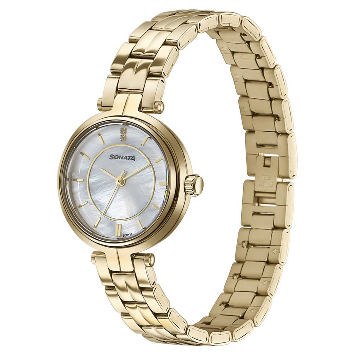 Sonata Off White Dial Gold Stainless Steel Strap Analog Watch for Women
