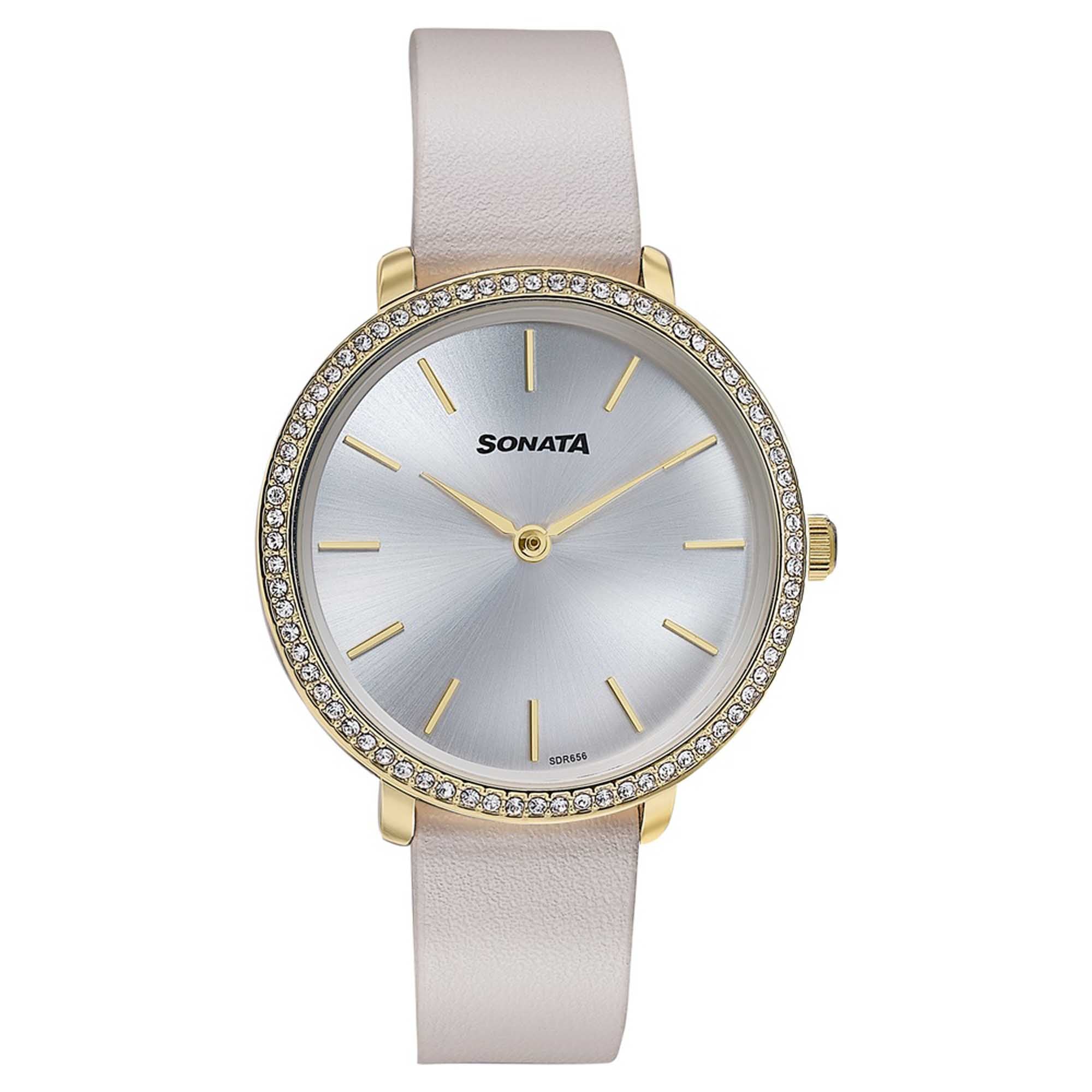 Sonata Silver Dial White Leather Strap Analog Watch for Women