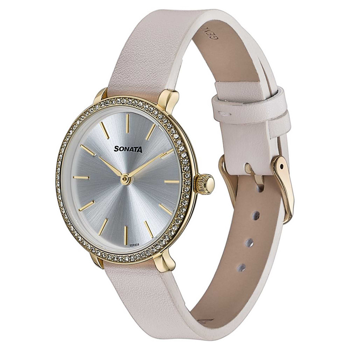 Sonata Silver Dial White Leather Strap Analog Watch for Women