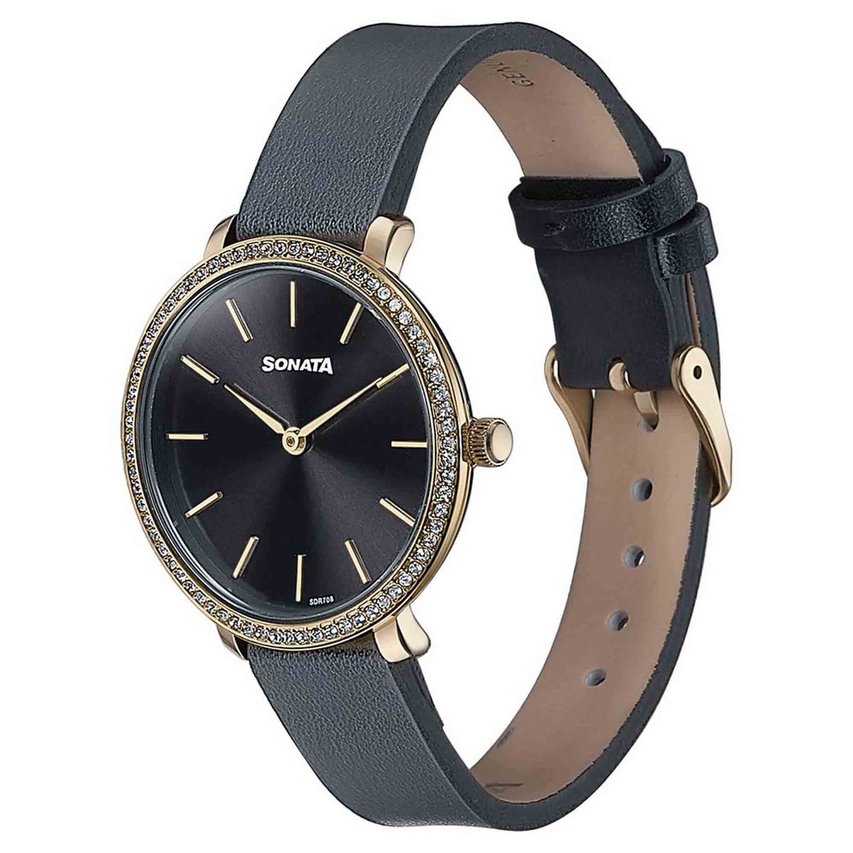 Sonata Black Dial Leather Strap Analog Watch for Women