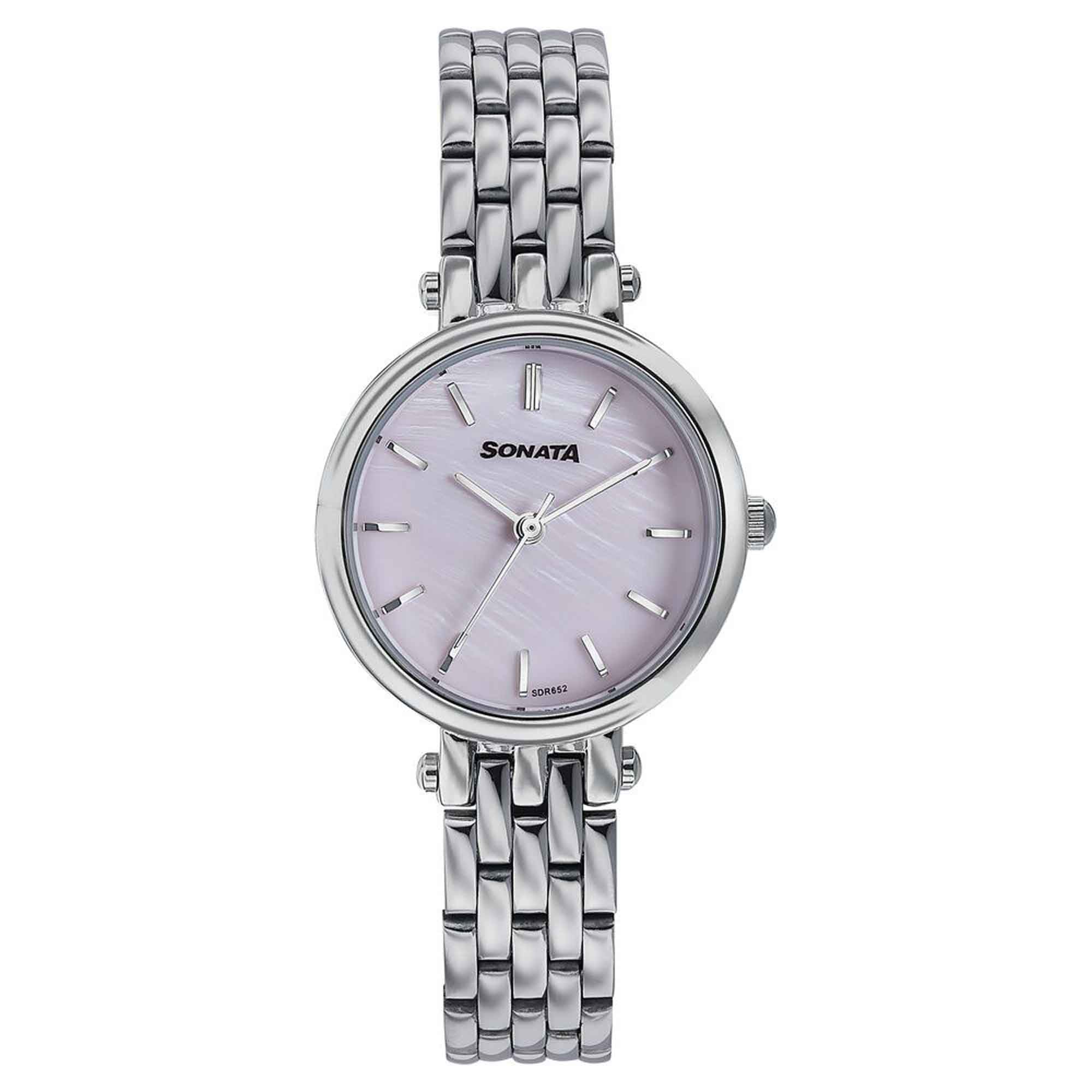 Sonata Pink Dial Silver Stainless Steel Strap Analog Watch for Women